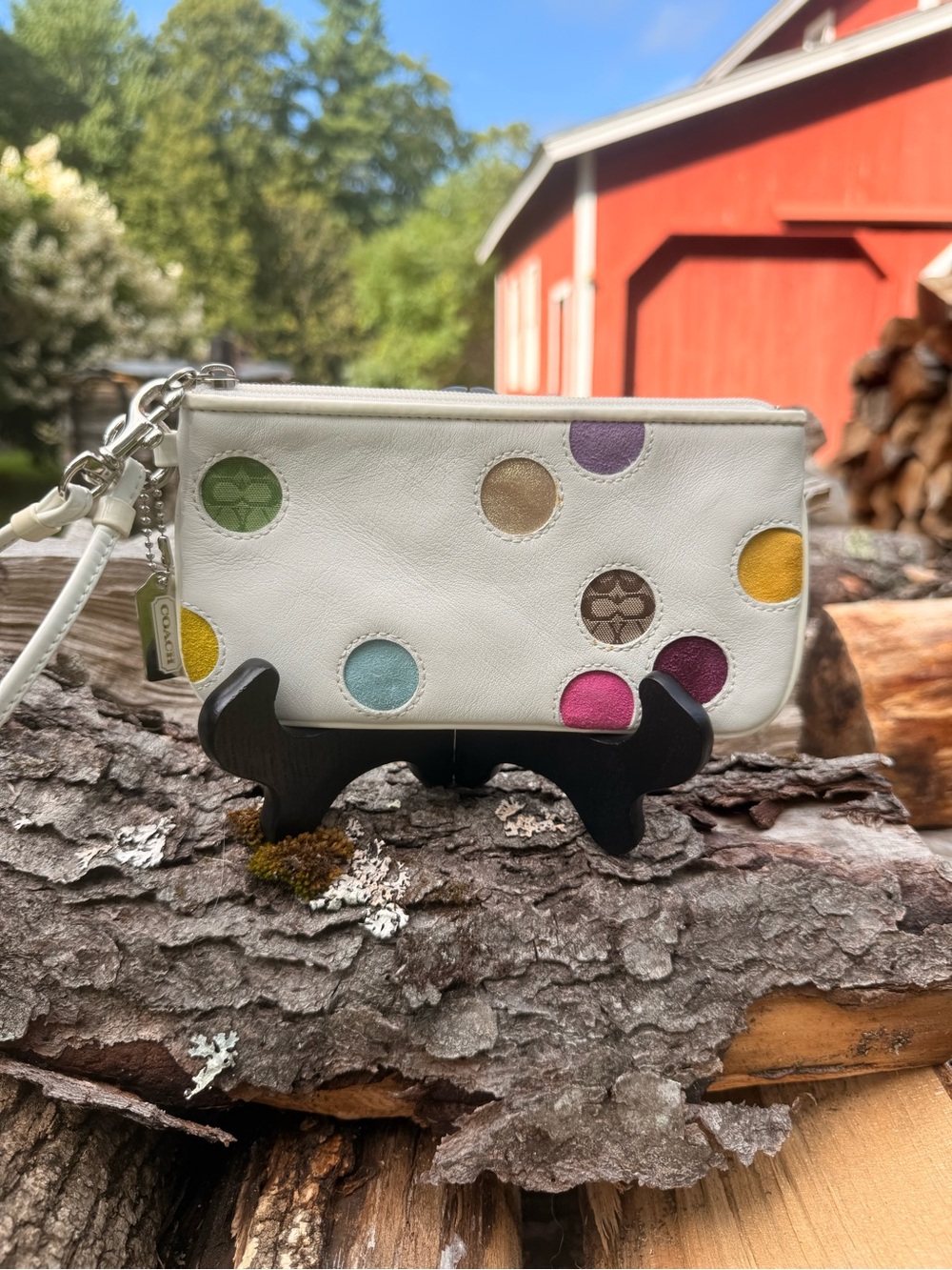 Vintage Coach Leather Wristlet inlaid polka dots